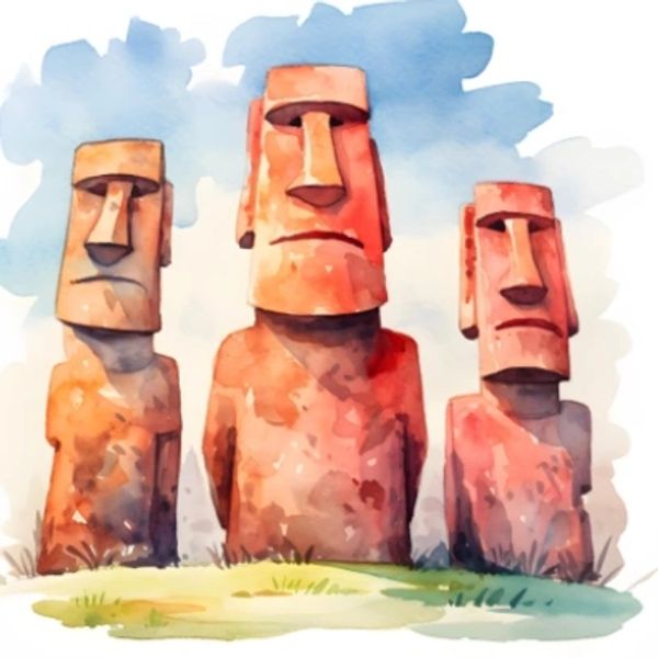 Watercolor painting of three Easter Island statues.