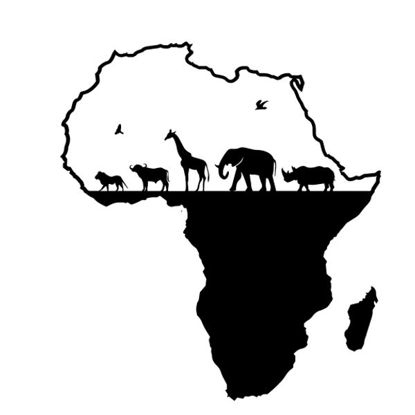 Silhouettes of African wildlife within Africa's map outline.