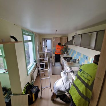 Exostong kitchen being taken out along with the plumbing and electrics beingisolated