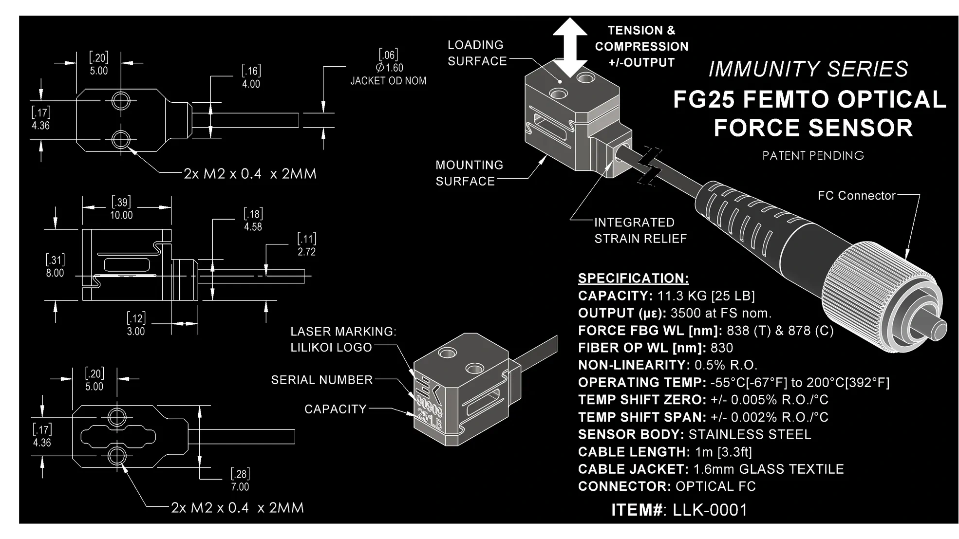 FBG in-line force sensors. Smallest fbg load cell on the market, dual fbg sensor array.