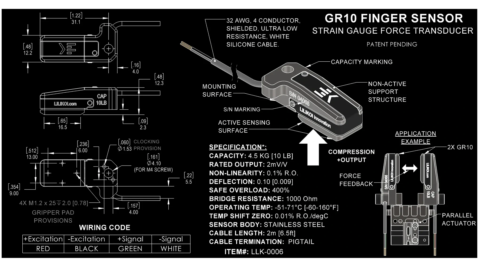 LILIKOI innovation GR10 tactile force sensor load cell for robotic gripper fingers actuators.
