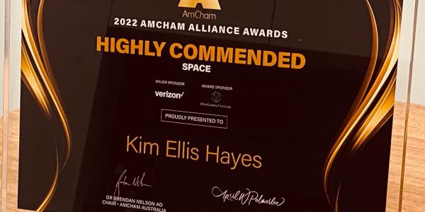Award plaque for Kim Ellis Hayes in 2022 AmCham Alliance Awards.