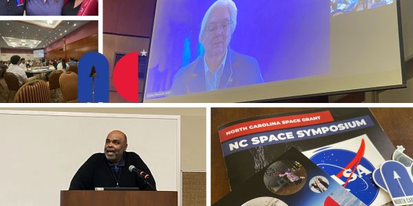 Collage of photos from the NC Space Symposium, including speakers and attendees.