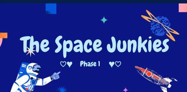 The Space Junkies Phase 1 banner with astronaut and rocket illustrations.