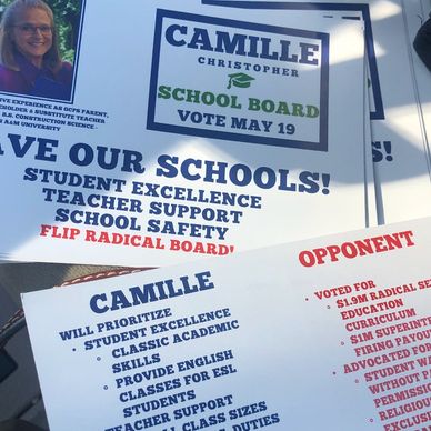 Campaign flyers for Camille Christopher's school board election on May 19.