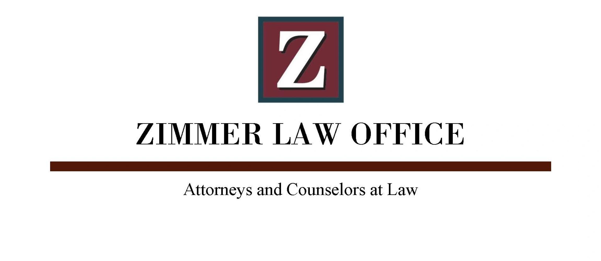 Zimmer Law Office logo with a bold Z and tagline.