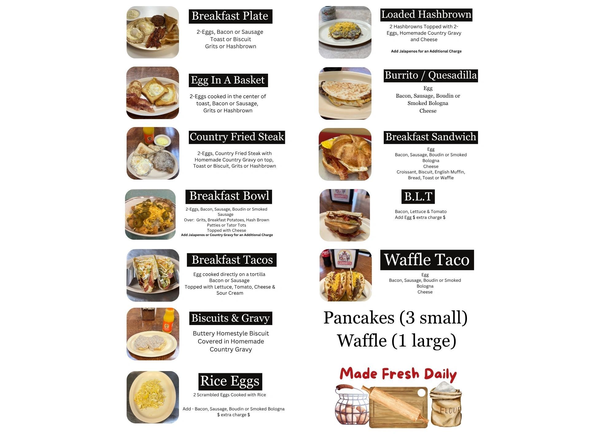 Menu displaying various breakfast dishes with ingredients and photos.