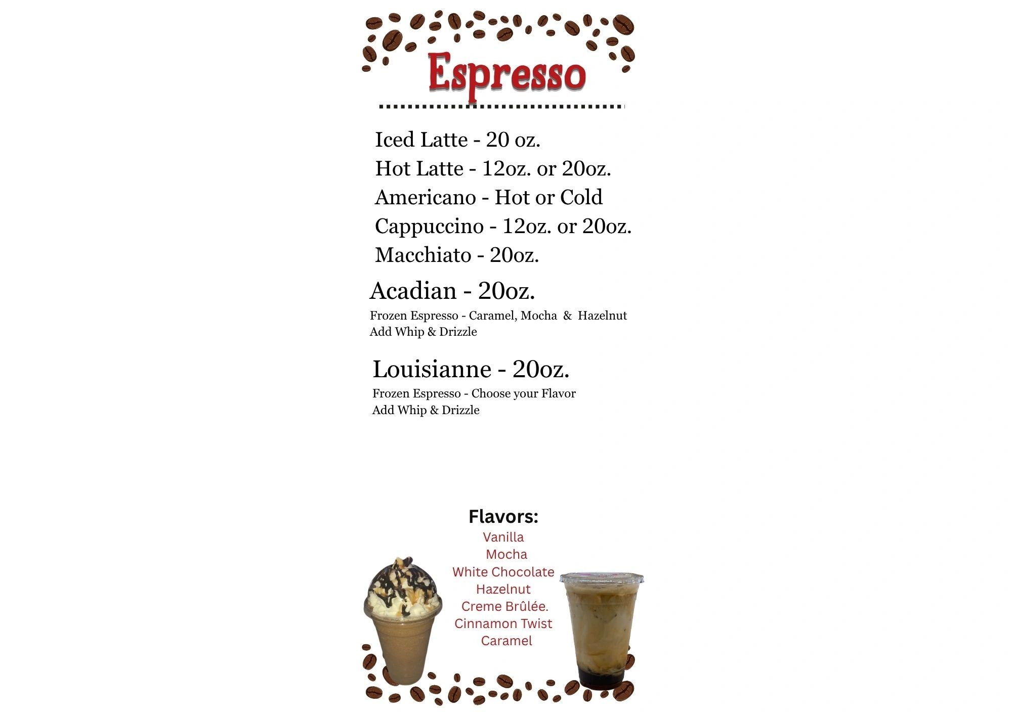Espresso menu with various sizes and flavors.