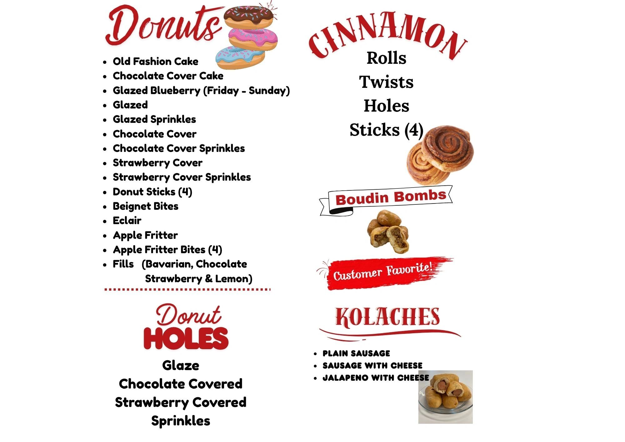 Donuts and cinnamon rolls menu with various flavors and toppings.