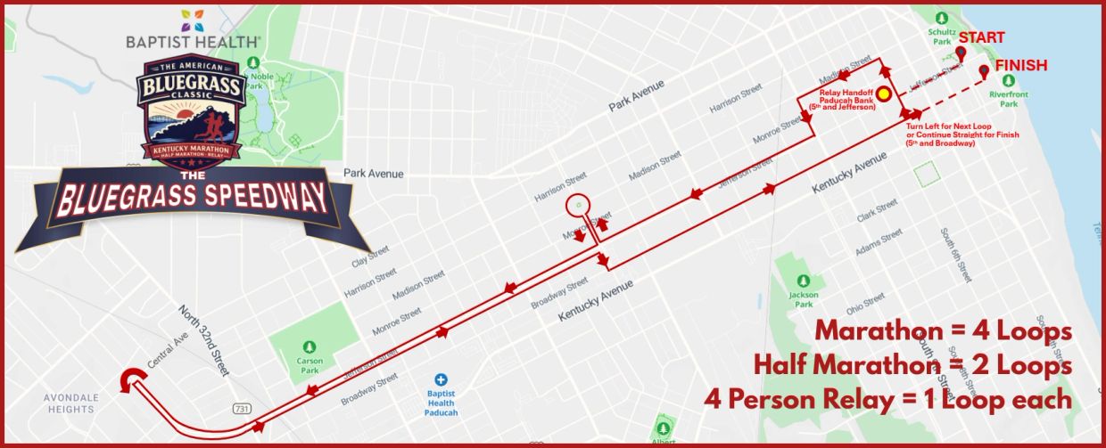 Map of Bluegrass Classic Kentucky Marathon and Relay route with start, finish, and relay points.