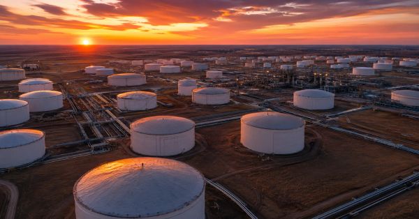 Oil refinery tanks at sunset with dramatic sky.