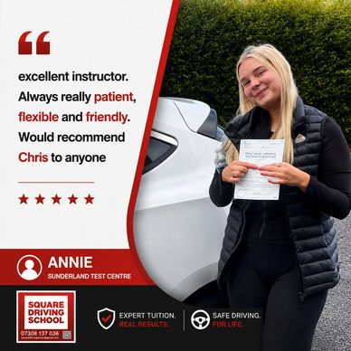 Annie happily holds her driving test pass certificate, praising instructor Chris.