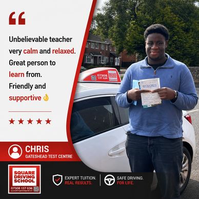 Happy man holding driving test certificate next to a Square Driving School car.