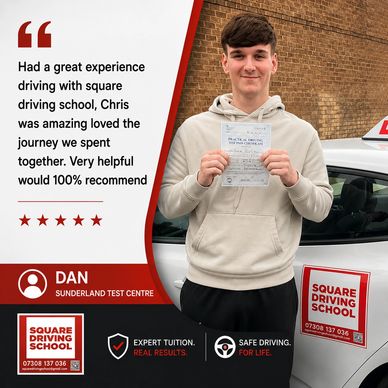 Happy young man holds driving test pass certificate at Square Driving School.