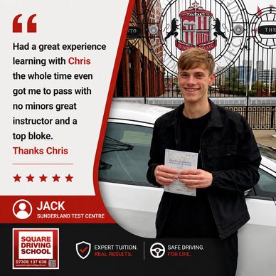 Jack smiles holding his driving test pass certificate with a testimonial for Chris.
