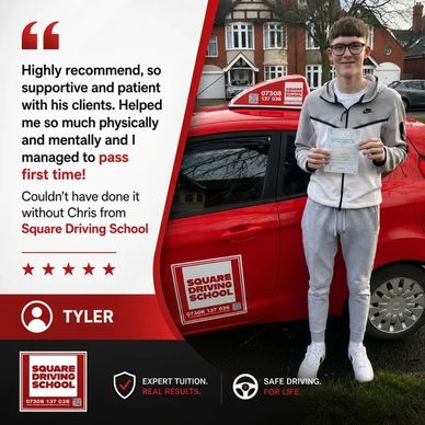 Young man proudly holding passing certificate beside a driving school car.