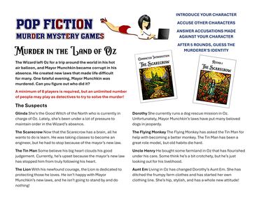 Murder mystery game set in Oz with characters like Glinda, Scarecrow, Tin Man, and Dorothy.