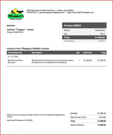 invoice for bat removal