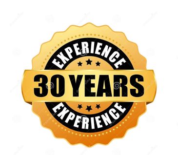 Gold badge highlighting 30 years of experience with stars and bold text.