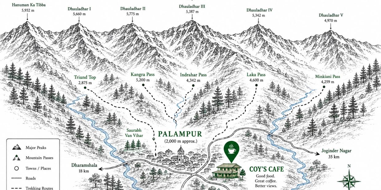 Map showing Dhauladhar peaks and trekking routes near Palampur.