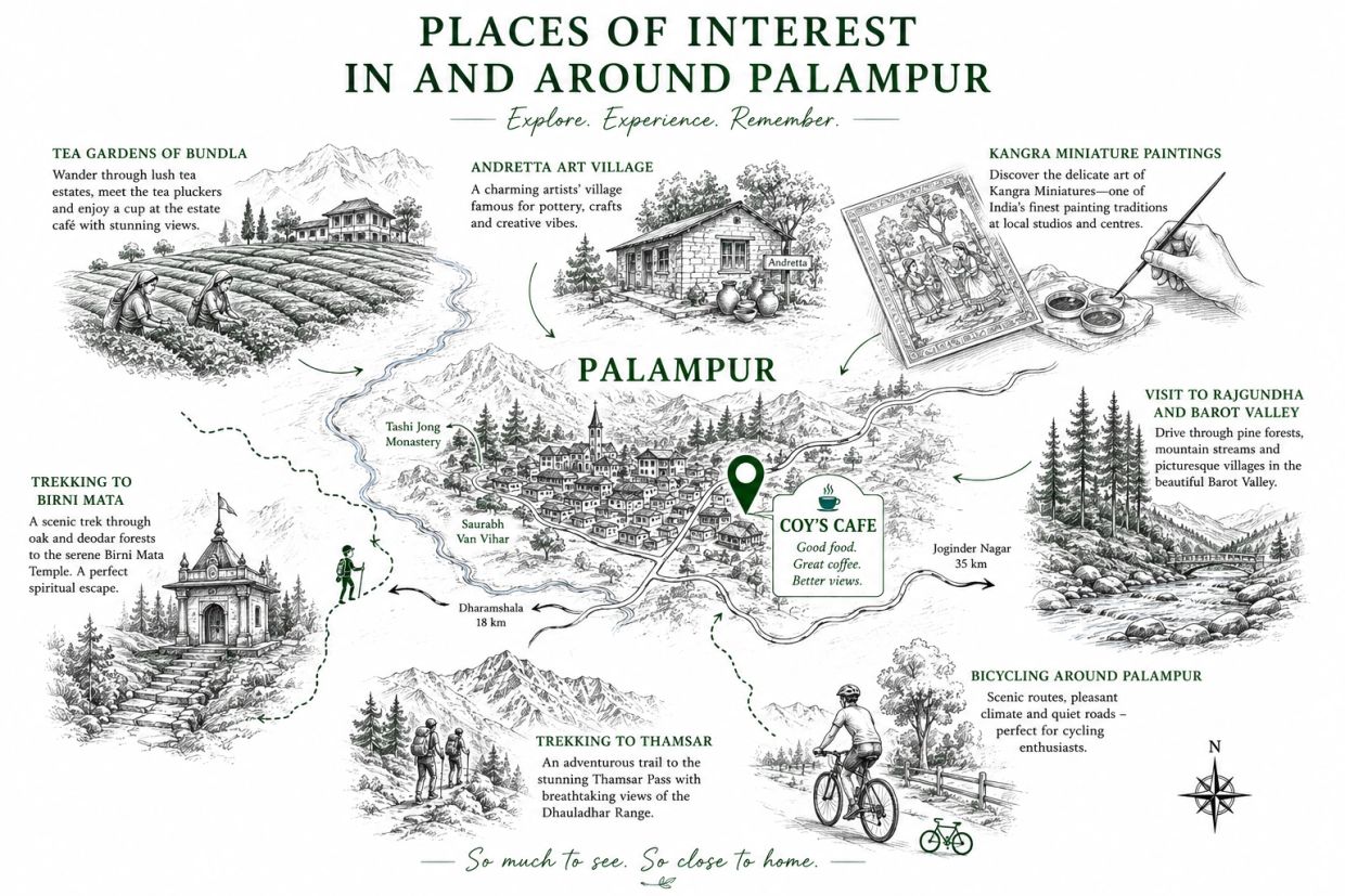 Map of places of interest in and around Palampur.