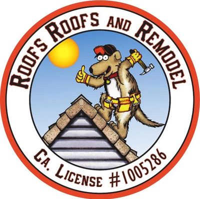 Logo with a dog roofer giving a thumbs up on a roof under the sun.