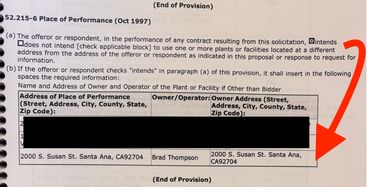 Solicitation Response FAR 52.215-6 Showing BRAD THOMPSON as Place of Performance under contract,