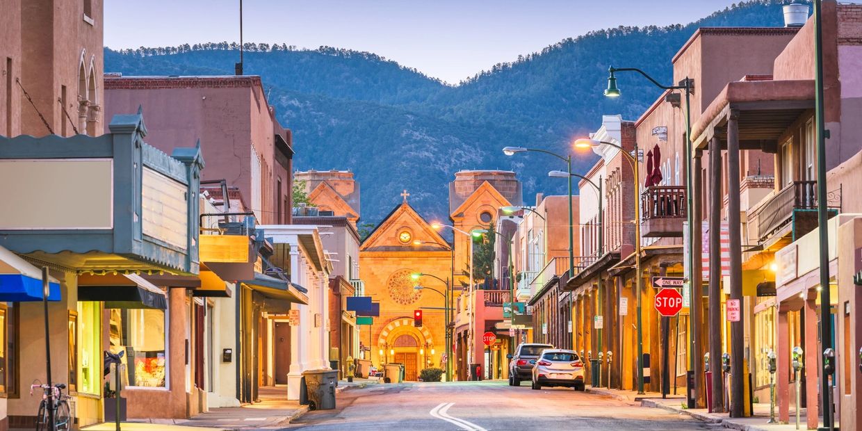 Downtown Santa Fe, Commercial Buildings and retail spaces line the historic West San Francisco St