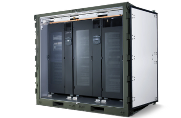 Military-grade server rack with cooling and power management units.
