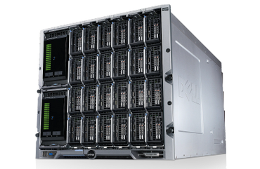 Dell PowerEdge M1000e server chassis with multiple blade servers.