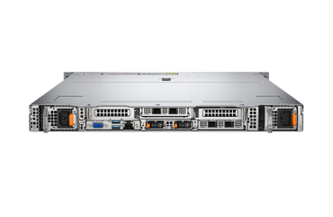 Rear view of a 1U rack server showcasing power supplies, ports, and storage drives.