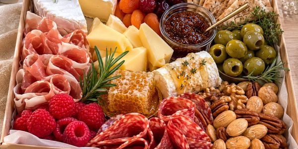 A colorful charcuterie board with meats, cheeses, fruits, nuts, and olives.