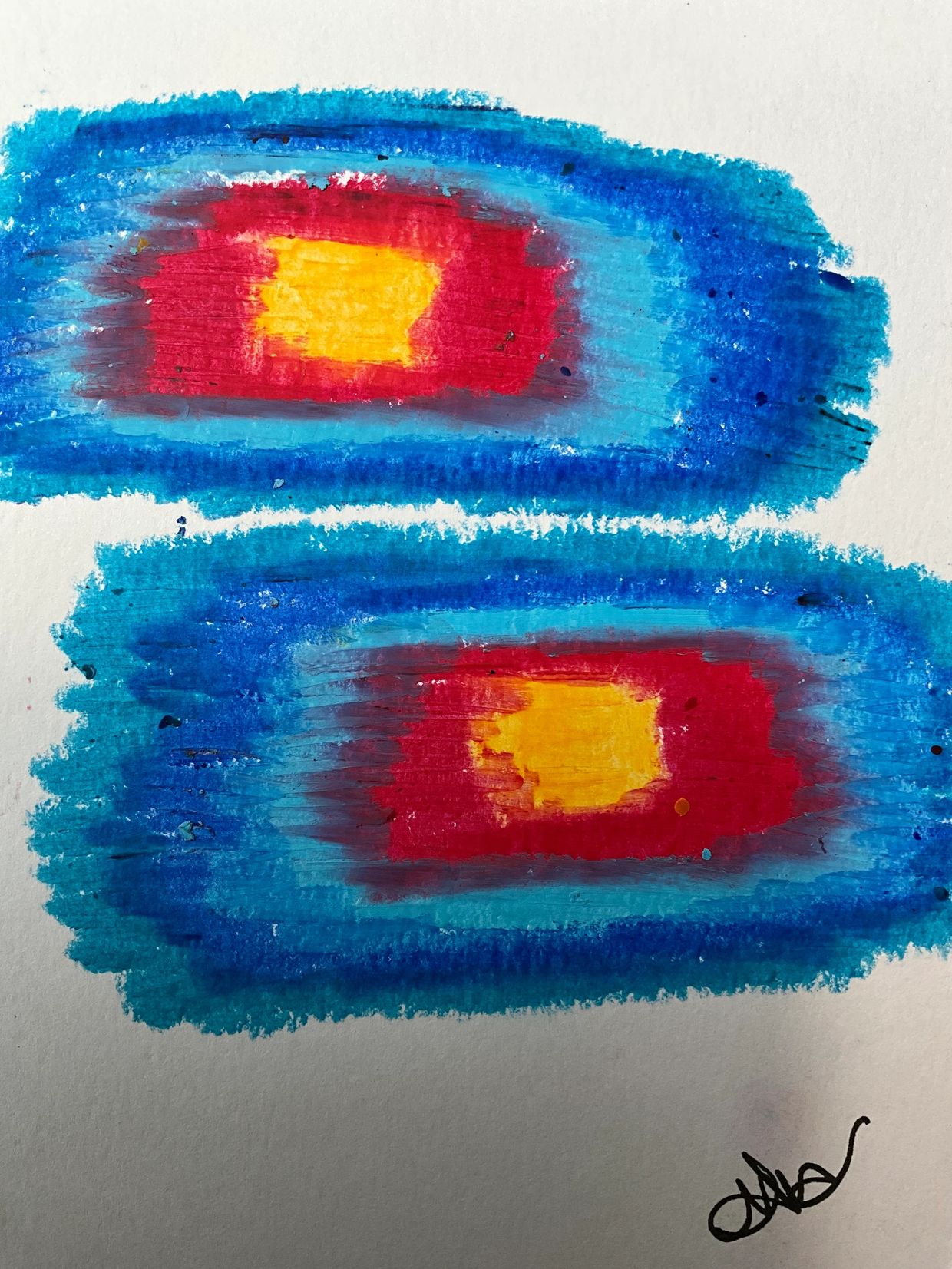 Abstract painting with two rectangular shapes in yellow, red, and blue colors.