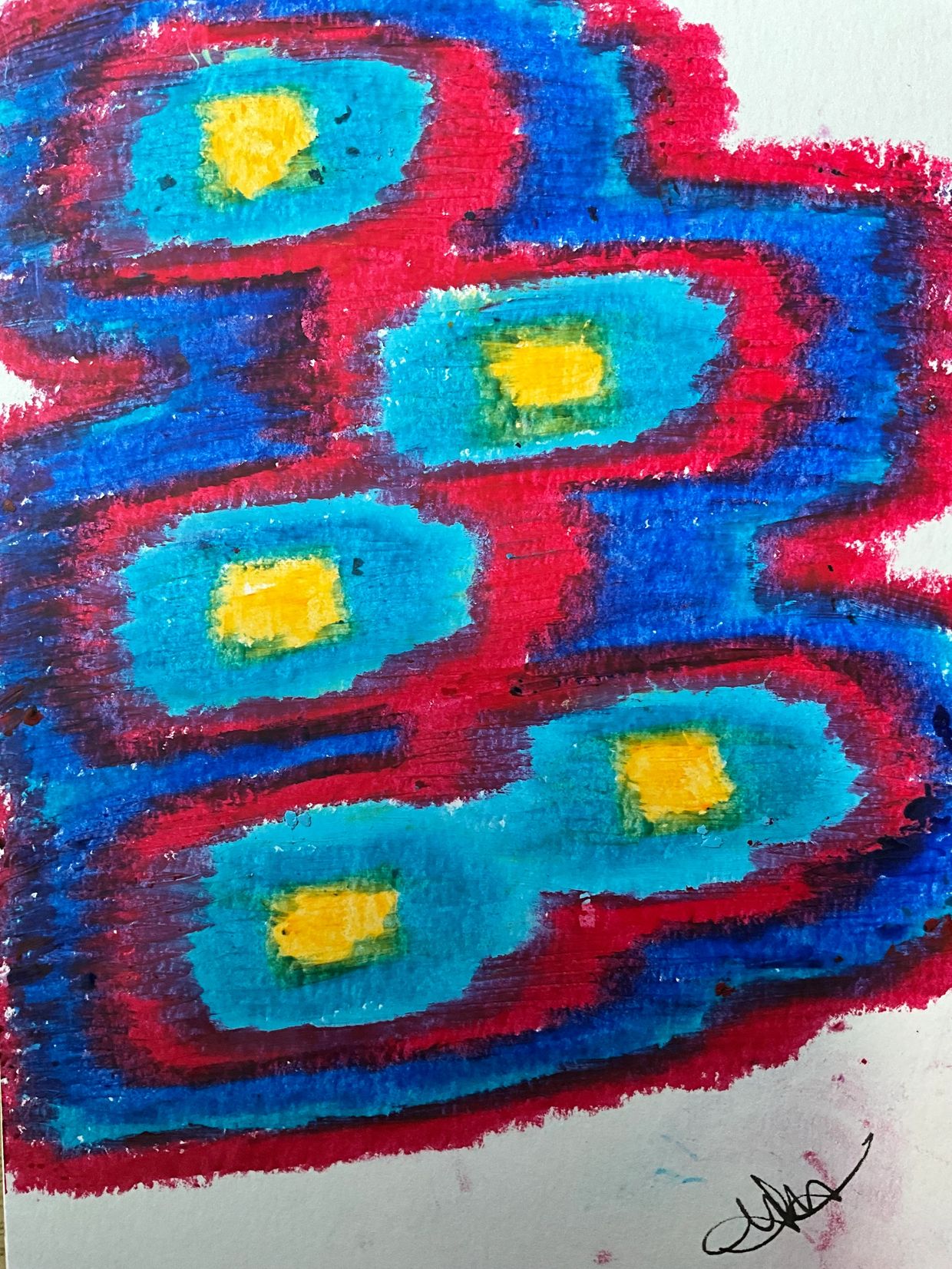 Abstract art with vibrant blue, red, and yellow shapes on textured paper.