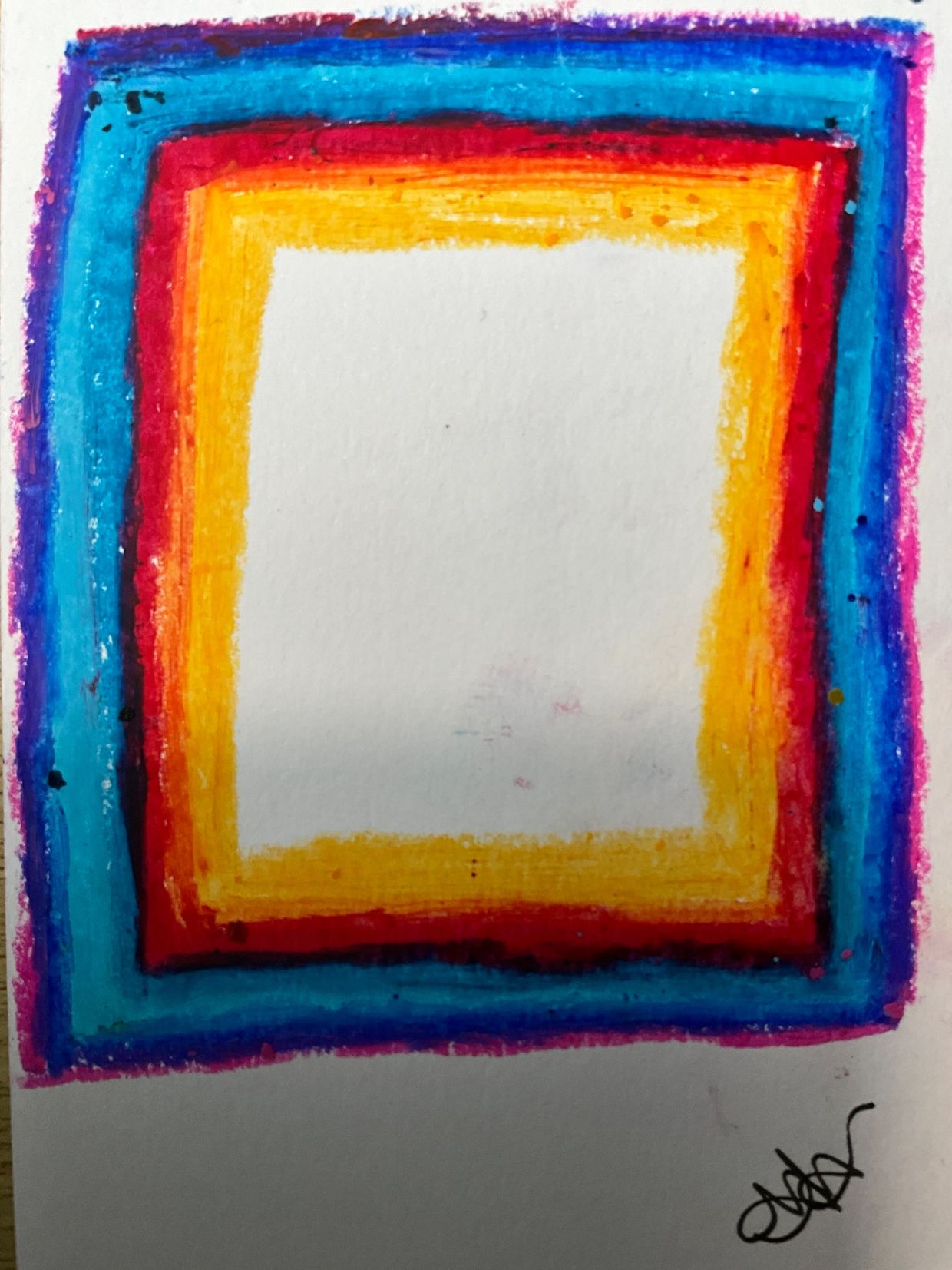 Hand-drawn concentric squares in vibrant colors on paper.