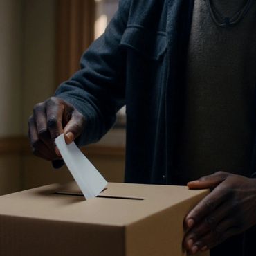 Person casting a vote by placing a ballot in a box.