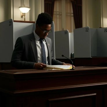 A man in a suit reads documents in a formal voting or legislative setting.