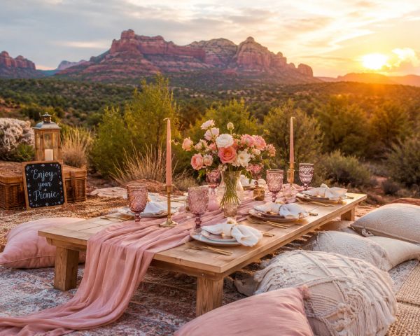 Elegant picnic setup with flowers and candles at sunset in a scenic desert landscape.