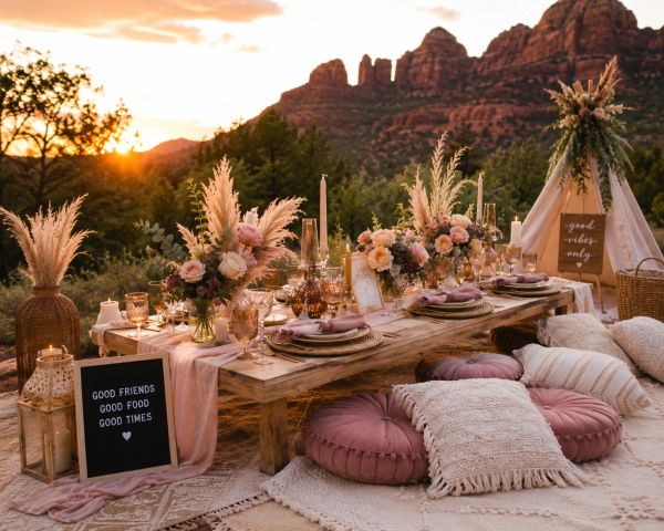 Elegant outdoor picnic setup with floral arrangements and soft cushions at sunset.