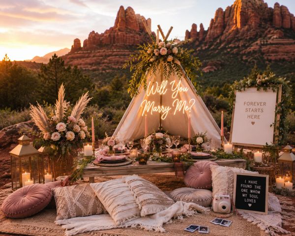 Romantic outdoor proposal setup with floral decorations and cushions at sunset.
