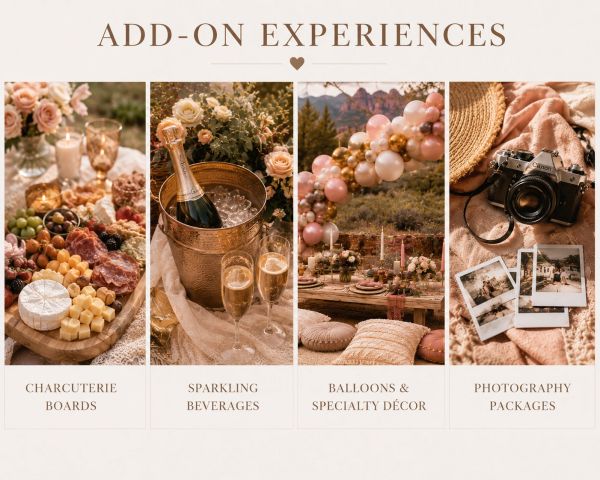 Elegant add-on experiences for events: charcuterie boards, sparkling drinks, balloon decor, and photography packages.