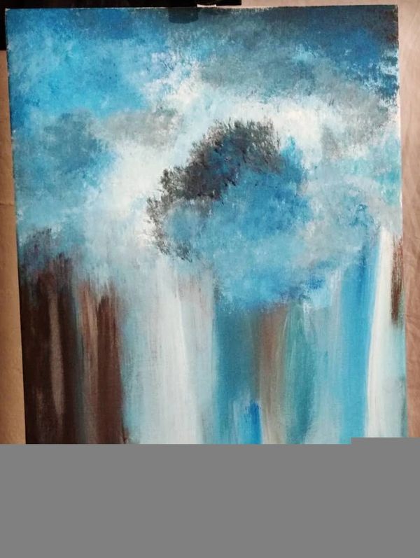 Abstract painting with blue, white, and brown brushstrokes creating a misty, forest-like scene.
