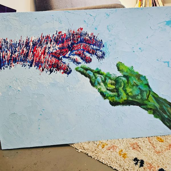 Abstract painting of two textured hands reaching toward each other.