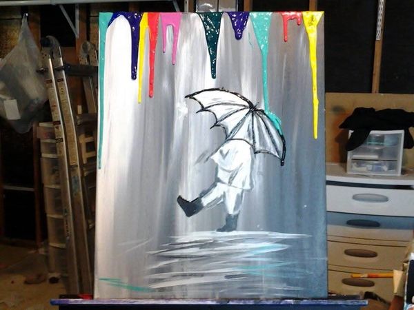 Painting of a person with umbrella and colorful paint drips.