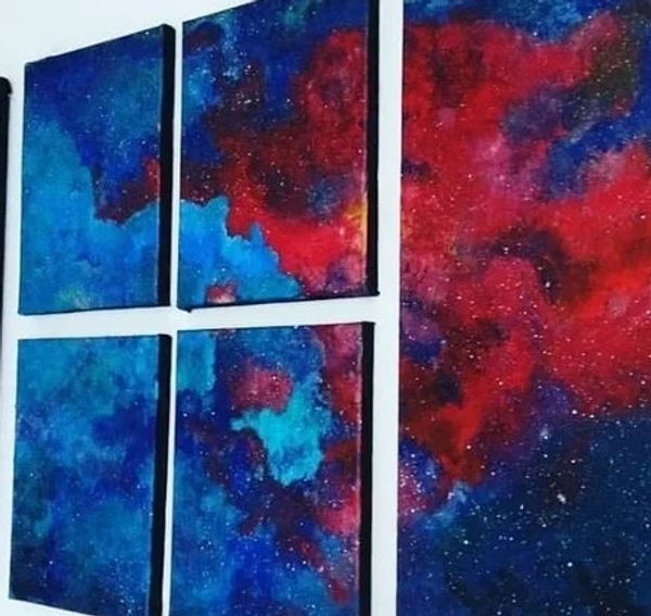 Abstract cosmic artwork split into six panels with vibrant blue and red hues.