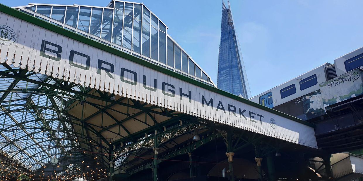 London virtual tour of  borough market with the iconic Shard skyscraper towering in the background.