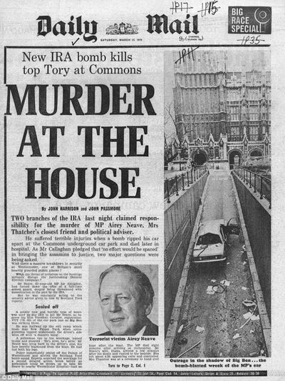 Newspaper headline of the assassination of Airey Neave