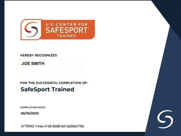 SafeSport training certificate for Joe Smith.