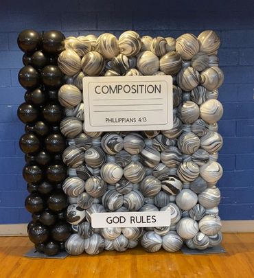 balloons, balloon wall, balloon composition book, custom creations, back to school, custom creations