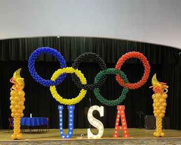 balloons, Olympic ring, USA, gold torch, custom balloon structure